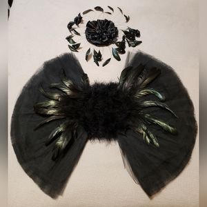 Vtg Feather W/Rhinestones Flower Fascinator Hair Clip & Iridescent Feather Wings
